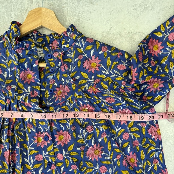 Emerson Fry || Emmaline Blouse Blue Chrysanthemum Satin Block Print Floral - Picture 7 of 10